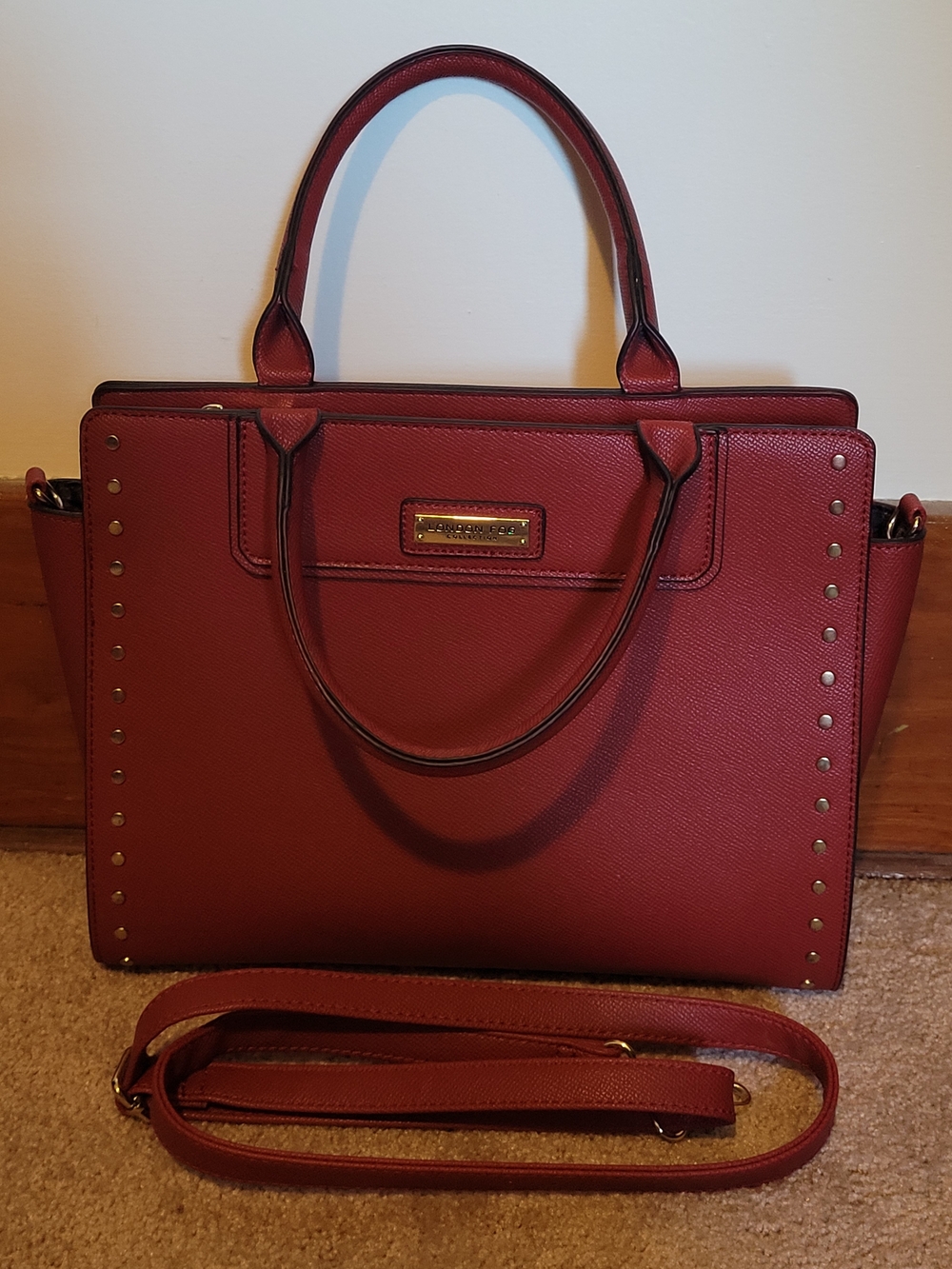 NWOT London Fog Deep Red Studded Satchel Tote Handbag Crossbody Gold